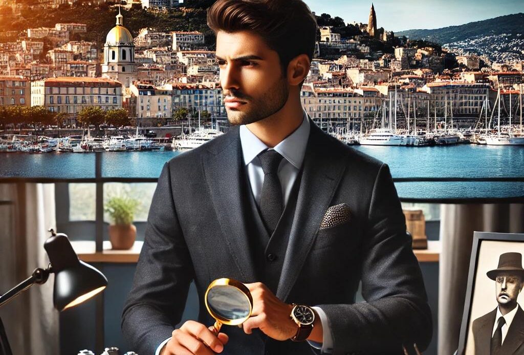 Un détective privé professionnel, assis à un bureau équipé d'une loupe, d'un carnet et d'une caméra vintage, avec une vue panoramique sur le port de Toulon en arrière-plan.
