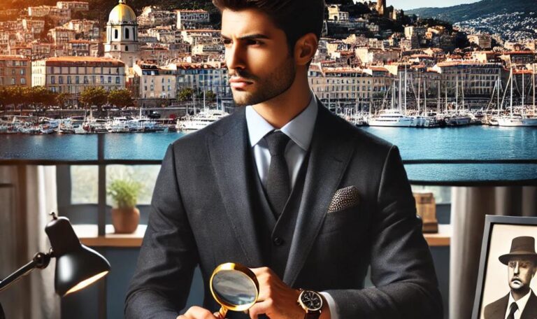Un détective privé professionnel, assis à un bureau équipé d'une loupe, d'un carnet et d'une caméra vintage, avec une vue panoramique sur le port de Toulon en arrière-plan.