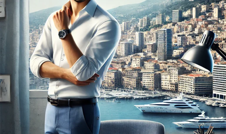 Un homme élégant et réfléchi, debout près d'un bureau équipé de divers outils d'investigation, avec une vue panoramique sur le port de Monaco et ses yachts en arrière-plan.